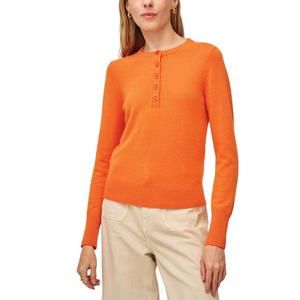 NEW WHITE + WARREN cashmere button henley top in bright tangerine